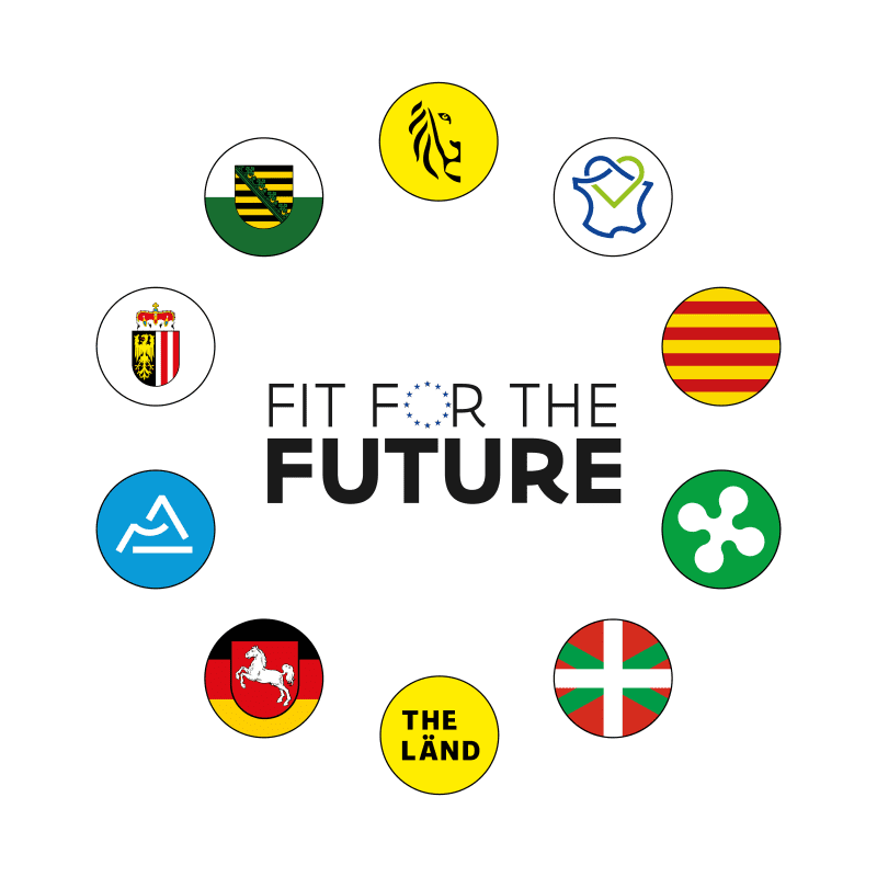 Tekst 'Fit for the Future' met daarrond de logo's van de regio's die deelnamen aan de top van Europese regio's