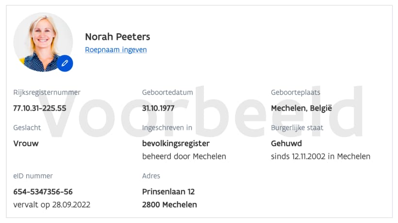 Fictief voorbeeld identiteitsgegevens Norah Peeters, met onder andere rijksregisternummer, geboortedatum, geboorteplaats, geslacht, burgerlijke staat en eID nummer