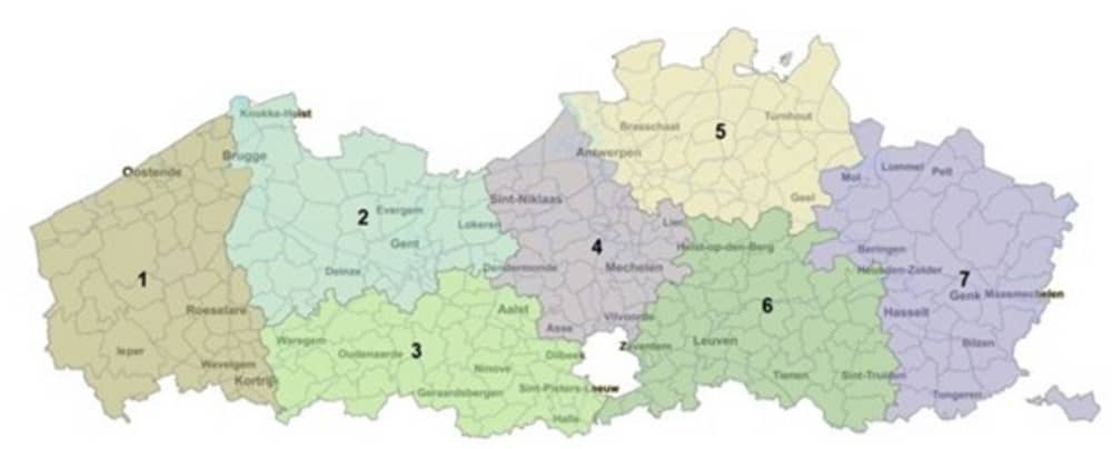 kaartje met de regio's van Vlaanderen en het nummer van de dienstverlener
