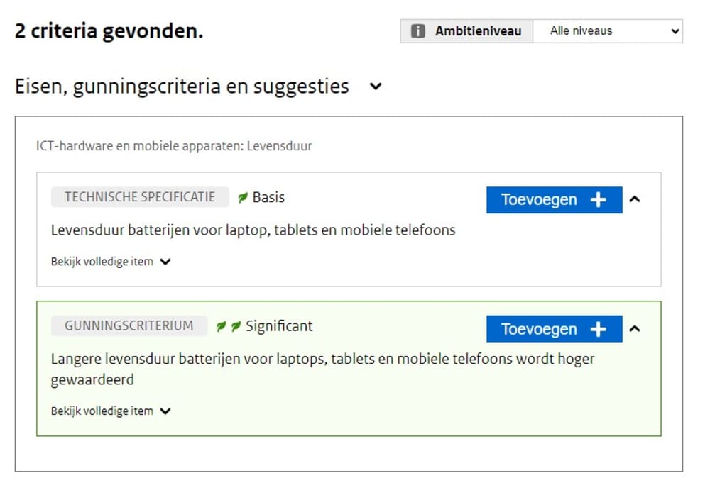 Stap 3 met de MVOO-tool: zoekresultaten verfijnen via ambitieniveaus