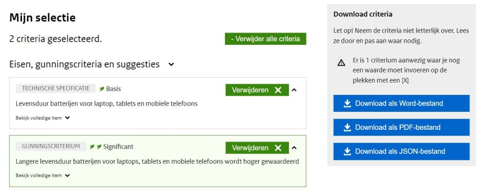 Stap 5 met de MVOO-tool: gekozen criteria downloaden