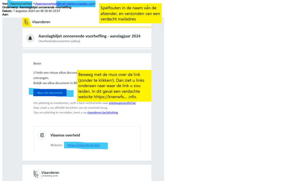 voorbeeld van ene phishingmail met opmerkingen waaraan je kan herkennen dat die vals is