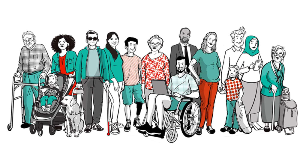 Een groep mensen met en zonder handicap van alle leeftijden en achtergronden