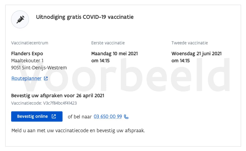 Fictief voorbeeld uitnodiging COVID-19 vaccinatie in Flanders Expo op 10 mei, met vaccinatiecode om de afspraak te bevestigen