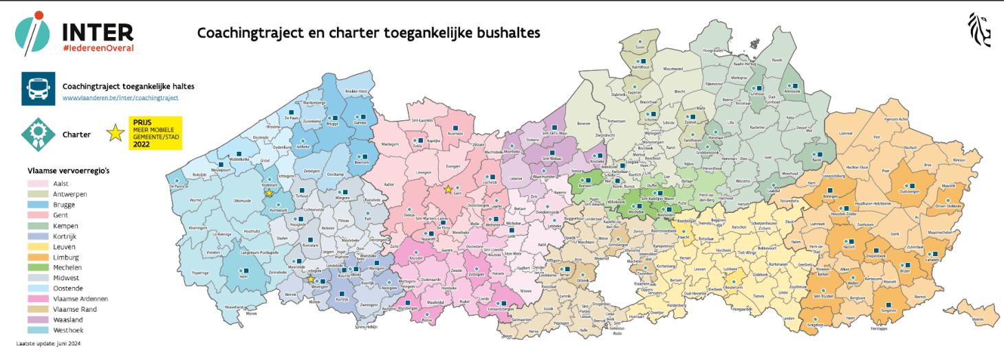 Overzicht op kaart van alle gemeenten met een charter en coachingtraject voor toegankelijke haltes