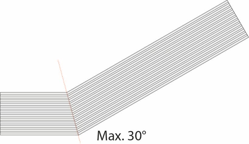 Een geleidelijn in ribbeltegels verandert van richting, via een hoek van maximum 30 graden.