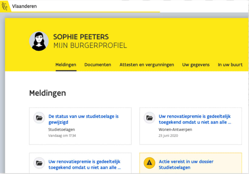 Screenshot van Mijn Burgerprofiel: 'Sophie  Peeters' met daaronder tabs 'Meldingen', 'Documenten', ...
