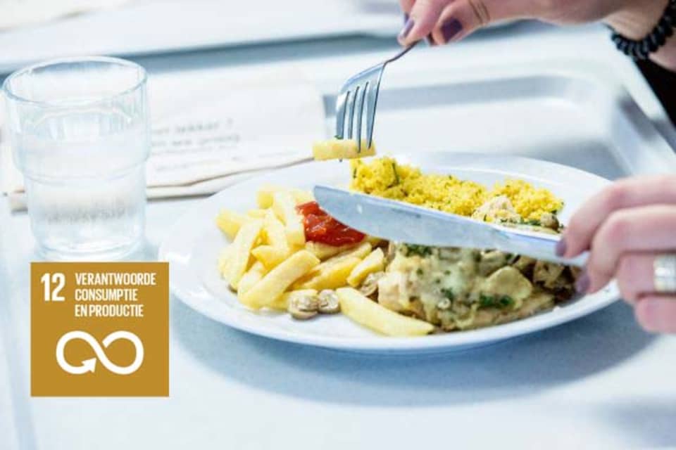 Bord met eten met logo 12 SDG 'Verantwoorde consumptie en productie'